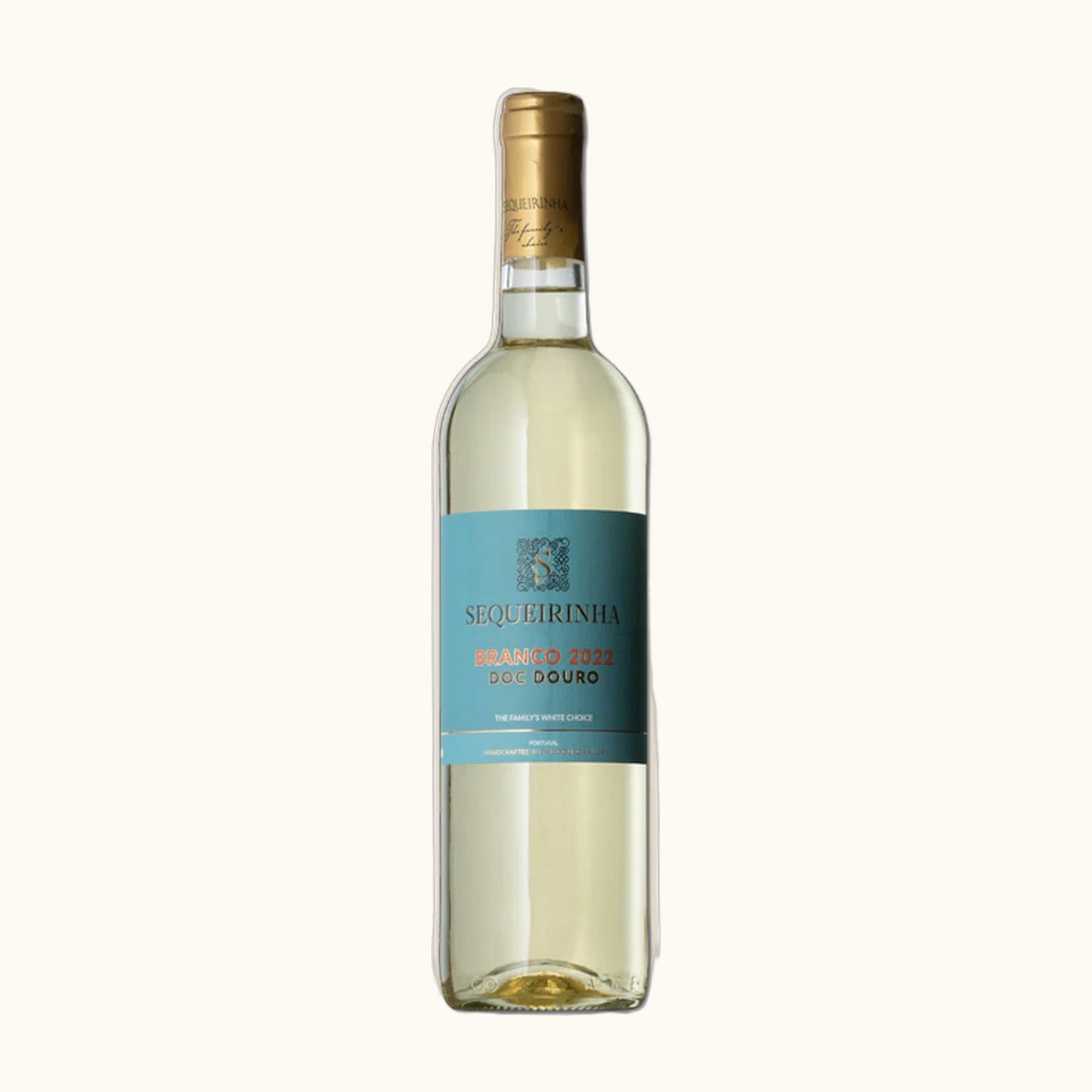 Sequeirinha Branco Doc 2022 Weisswein - Flasche mit Etikett vor beigem Hintergrud