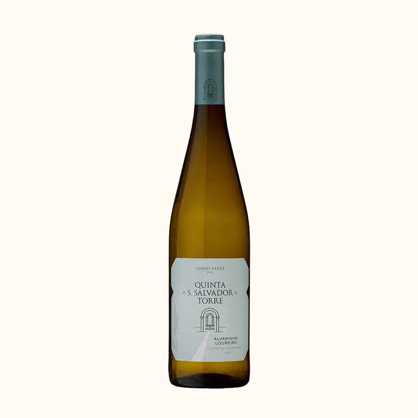 Quinta de S. Salvador da Torre Alvarinho und Loureiro 2024 Grüner Wein - Flasche mit Etikett vor beigem Hintergrund