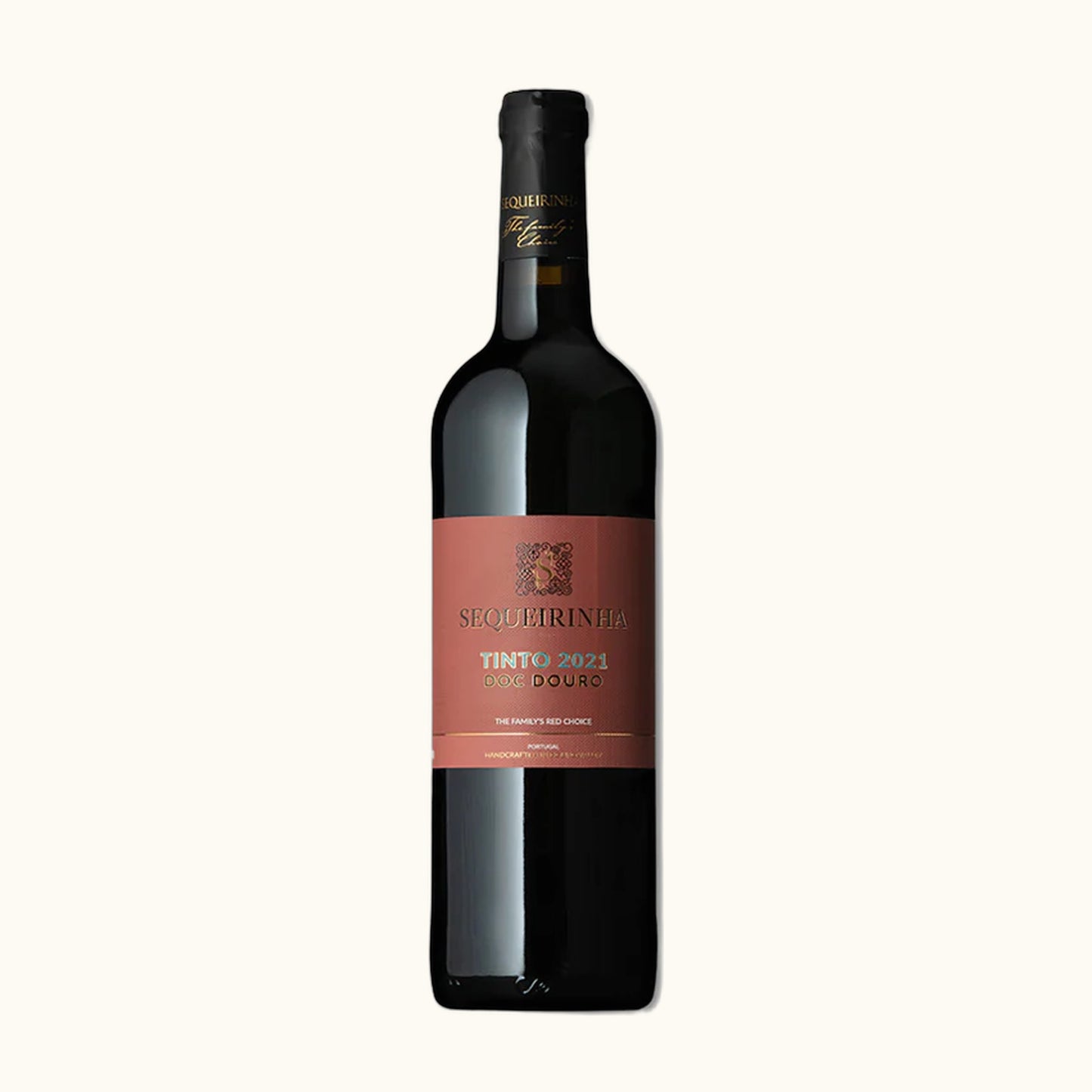 Sequeirinha Rotwein 2021 - Flasche mit Etikett vor beigem Hintergrund