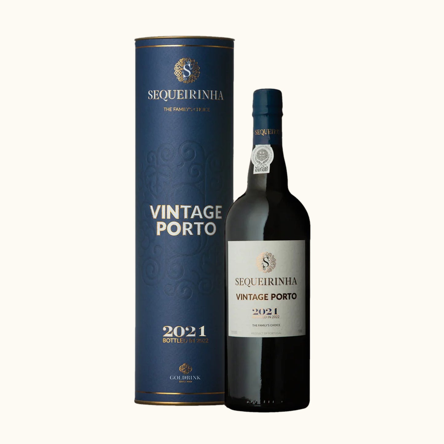 Sequeirinha Vintage 2021 Portwein - Flasche mit Etikett vor beigem Hintergrund