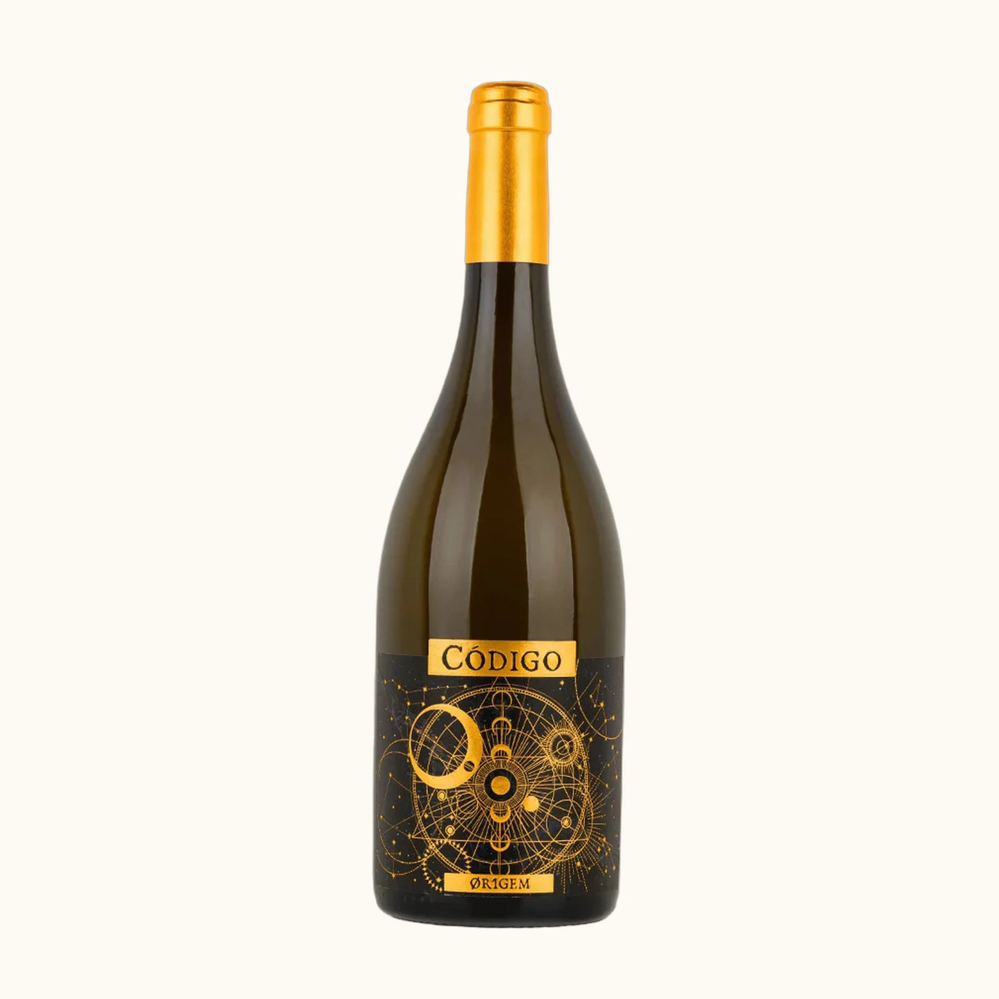 Codigo Or1gem 2022 Weisswein - Flasche mit Etikett vor beigem Hintergrund