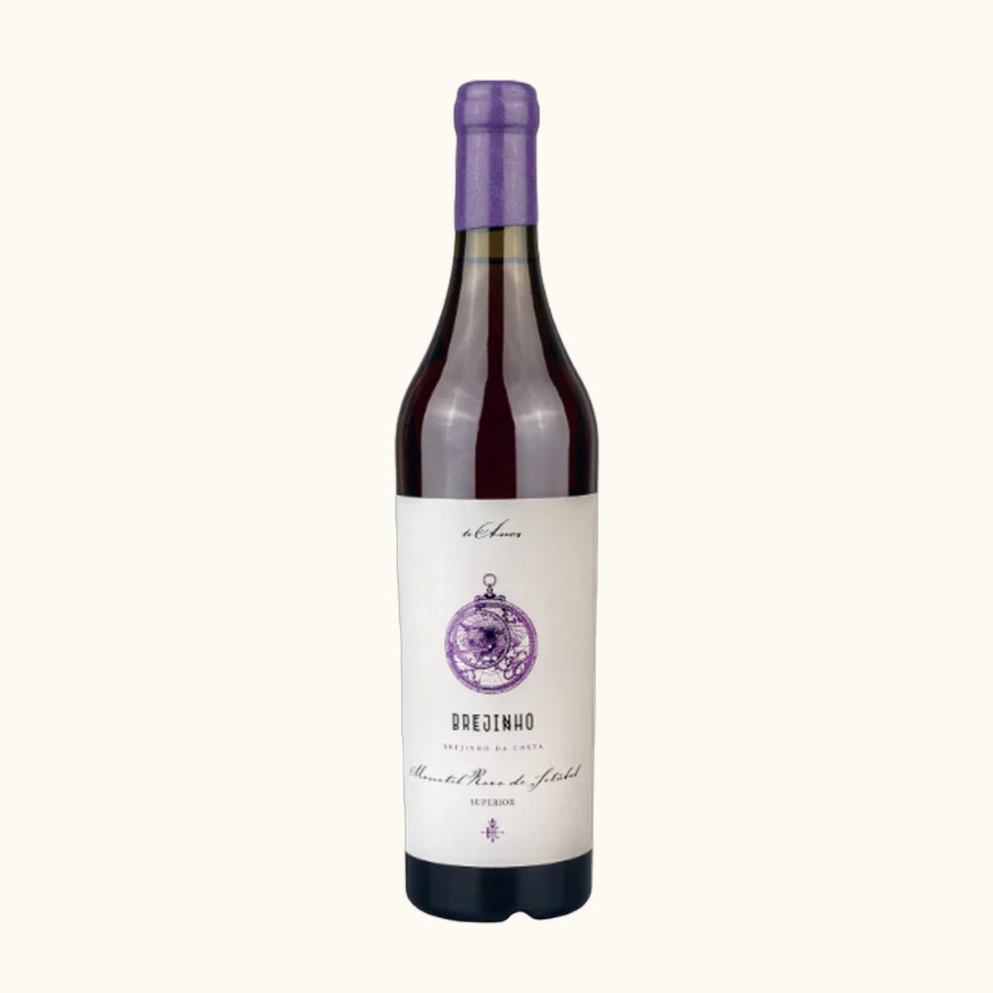 Brejinho Moscatel Roxo Superior - Flasche mit Etikett vor beigem Hintergrund