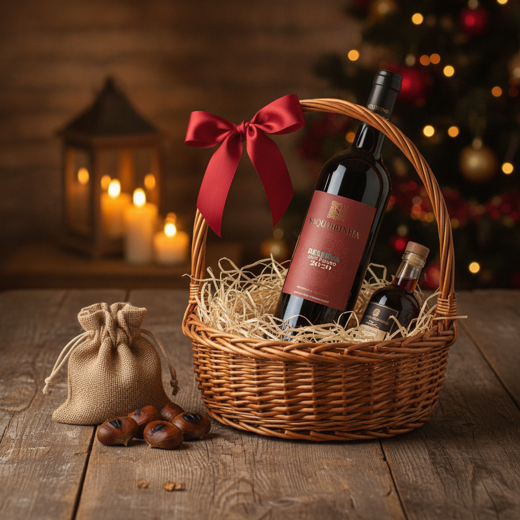 Portugiesischer Geschenkkorb mit Rotwein, Kastanien und Ginja
