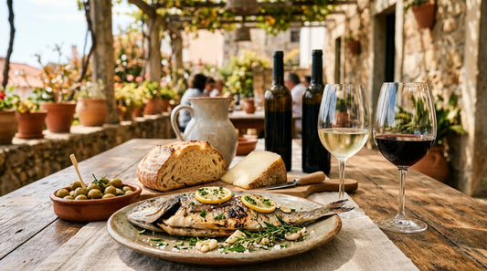 Portugiesischer Esstisch mit gegrilltem Fisch, Käse, Oliven und zwei Gläsern Wein