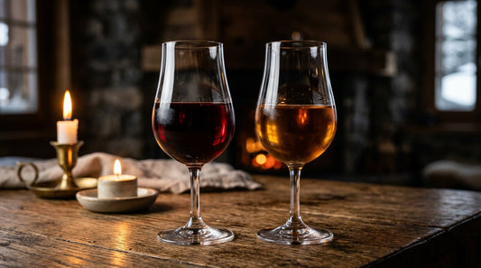 Ruby Port und Tawny Port im Glas nebeneinander - Farbvergleich