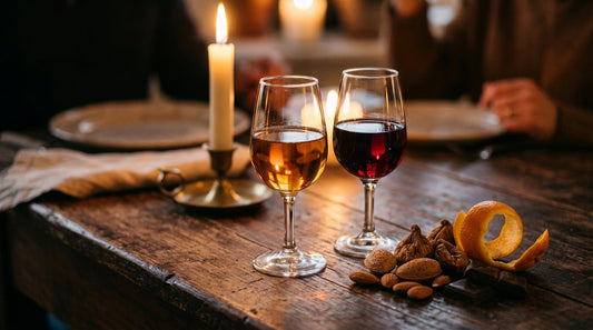 Portugiesische Süssweine: Gläser mit Moscatel und Portwein, Trockenfrüchte und Schokolade bei Kerzenlicht