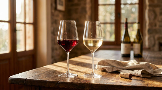 Ein Glas Rotwein und ein Glas Weisswein nebeneinander auf einem Holztisch im warmen Nachmittagslicht