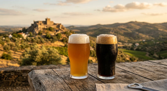 Zwei Gläser Barona Craft Beer aus Portugal auf einem rustikalen Holztisch