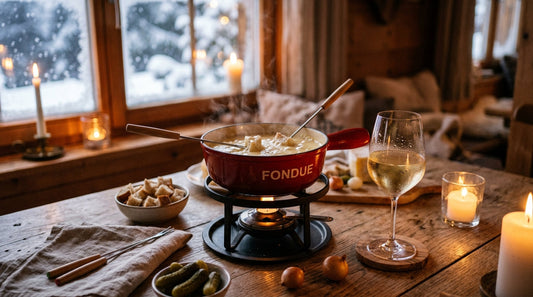 Winterlicher Fonduetisch mit Caquelon und einem Glas Weisswein am Kaminfeuer