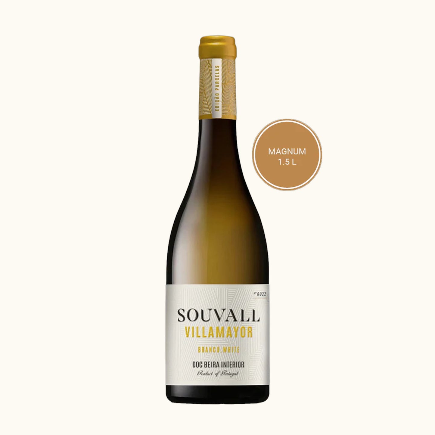 Souvall Villamayor Weisswein Magnum 1.5L — Flasche mit Etikett vor beigem Hintergrund