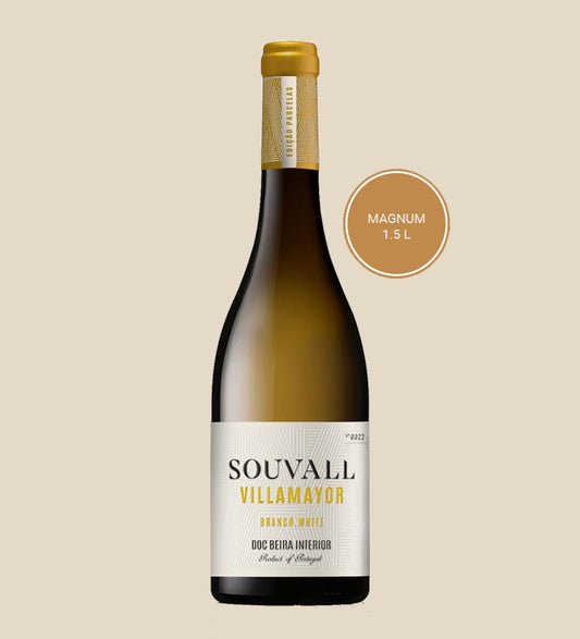Souvall Villamayor Weisswein Magnum 1.5L — Flasche mit Etikett vor beigem Hintergrund