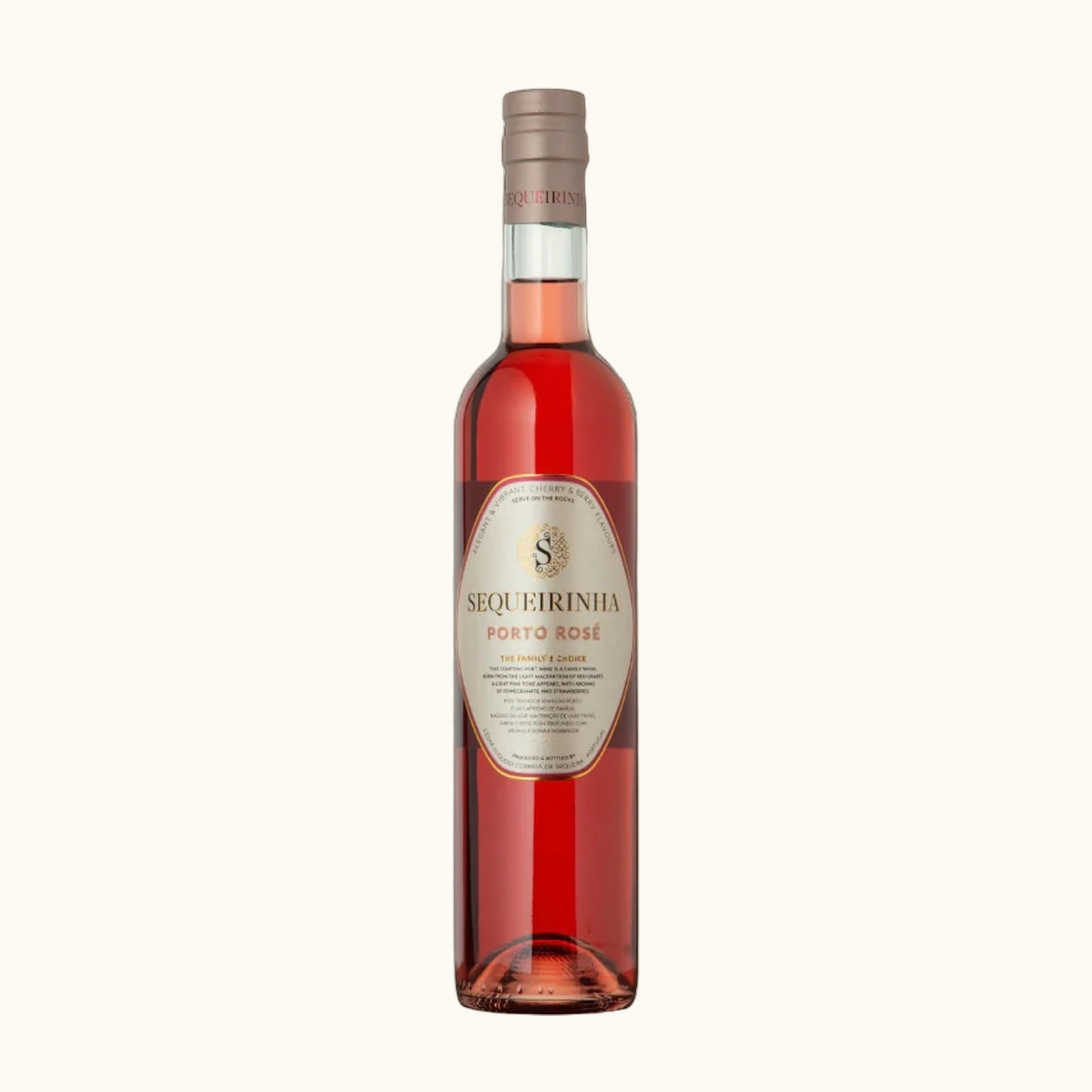 Sequeriniha Porto Rosé Portwein - Flasche mit Etikett vor beigem Hintergrund