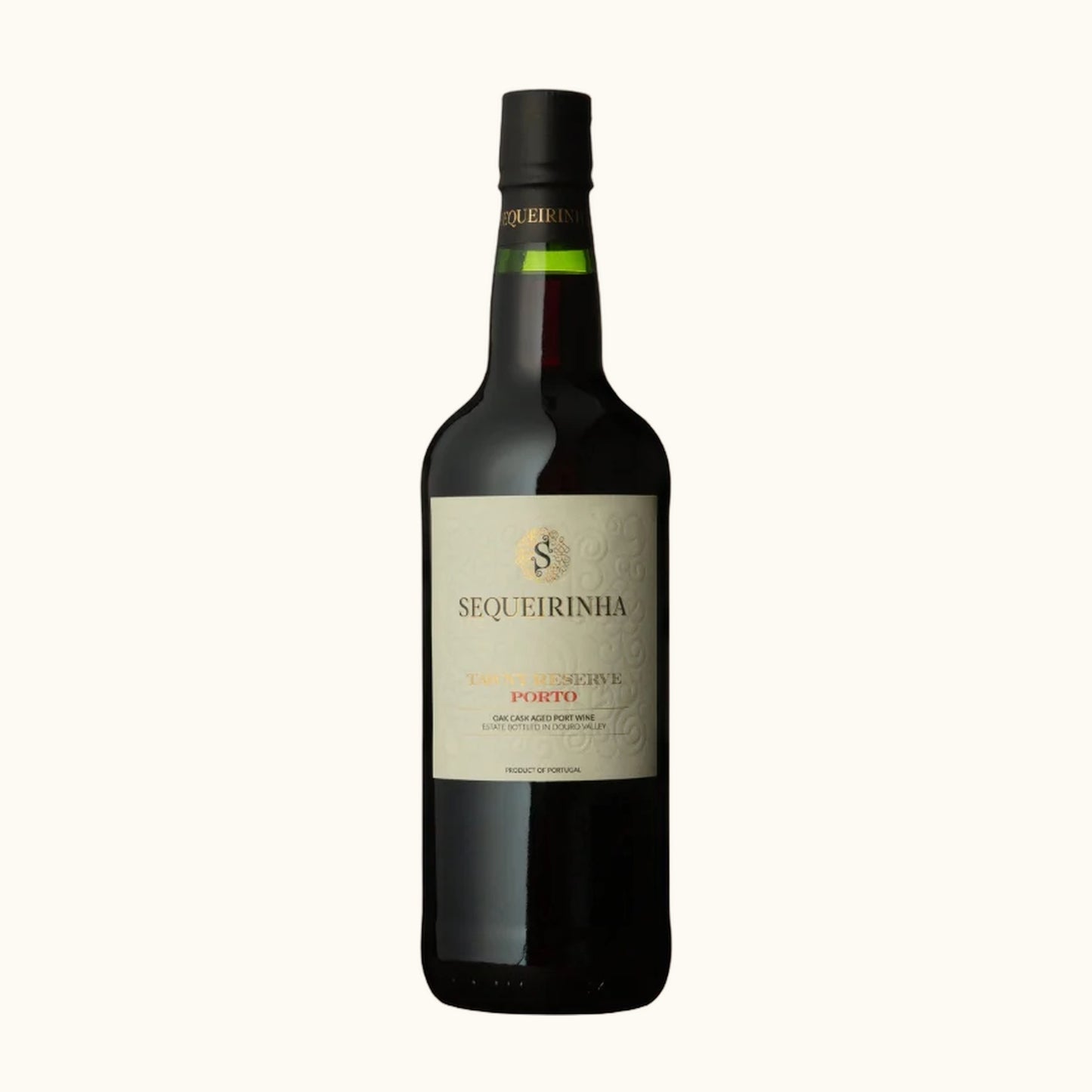 Sequeirinha Porto Tawny Reserva - Flasche mit Etikett vor beigem Hintergrund