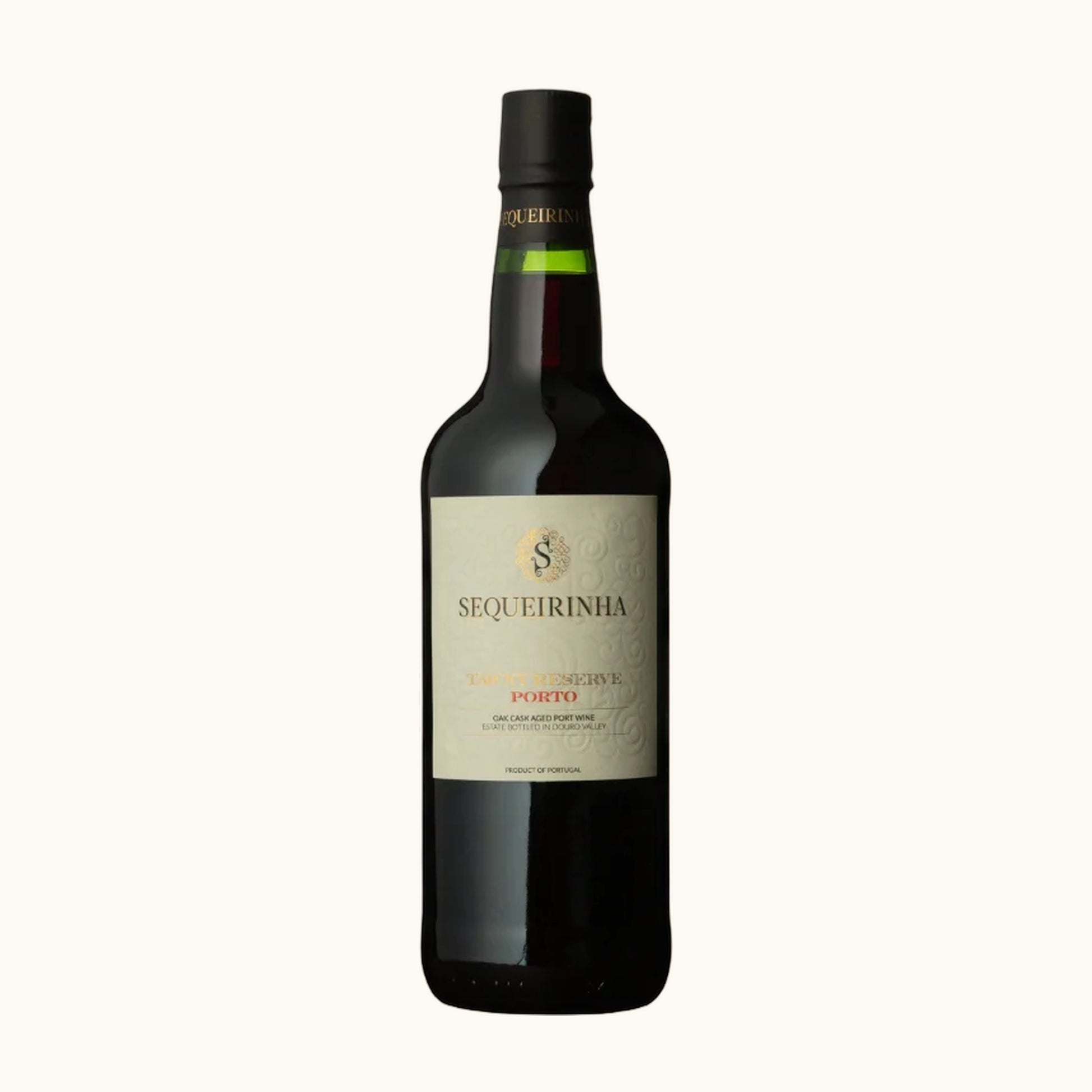 Sequeirinha Porto Tawny Reserva - Flasche mit Etikett vor beigem Hintergrund