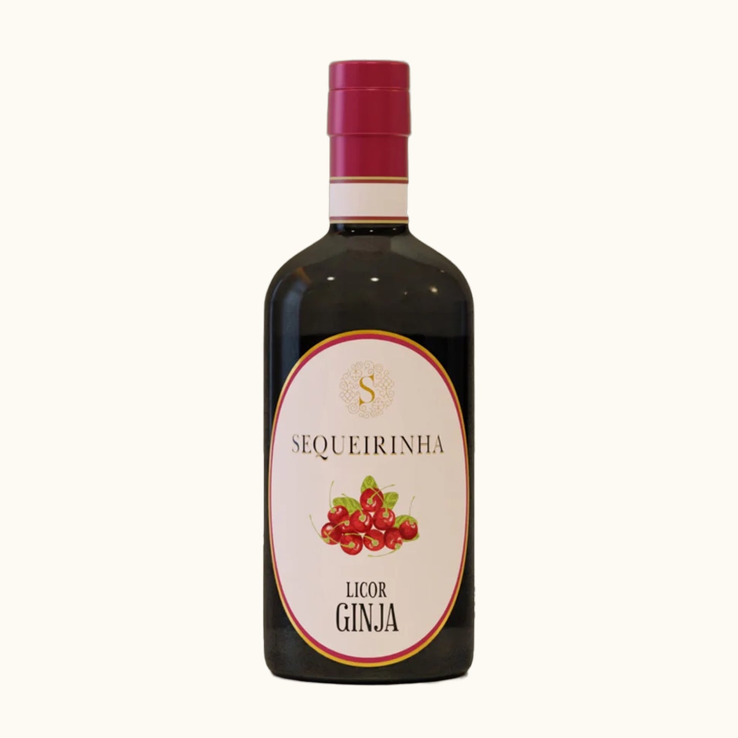 Sequeirinha Ginja - Flasche mit Etikett vor beigem Hintergrund