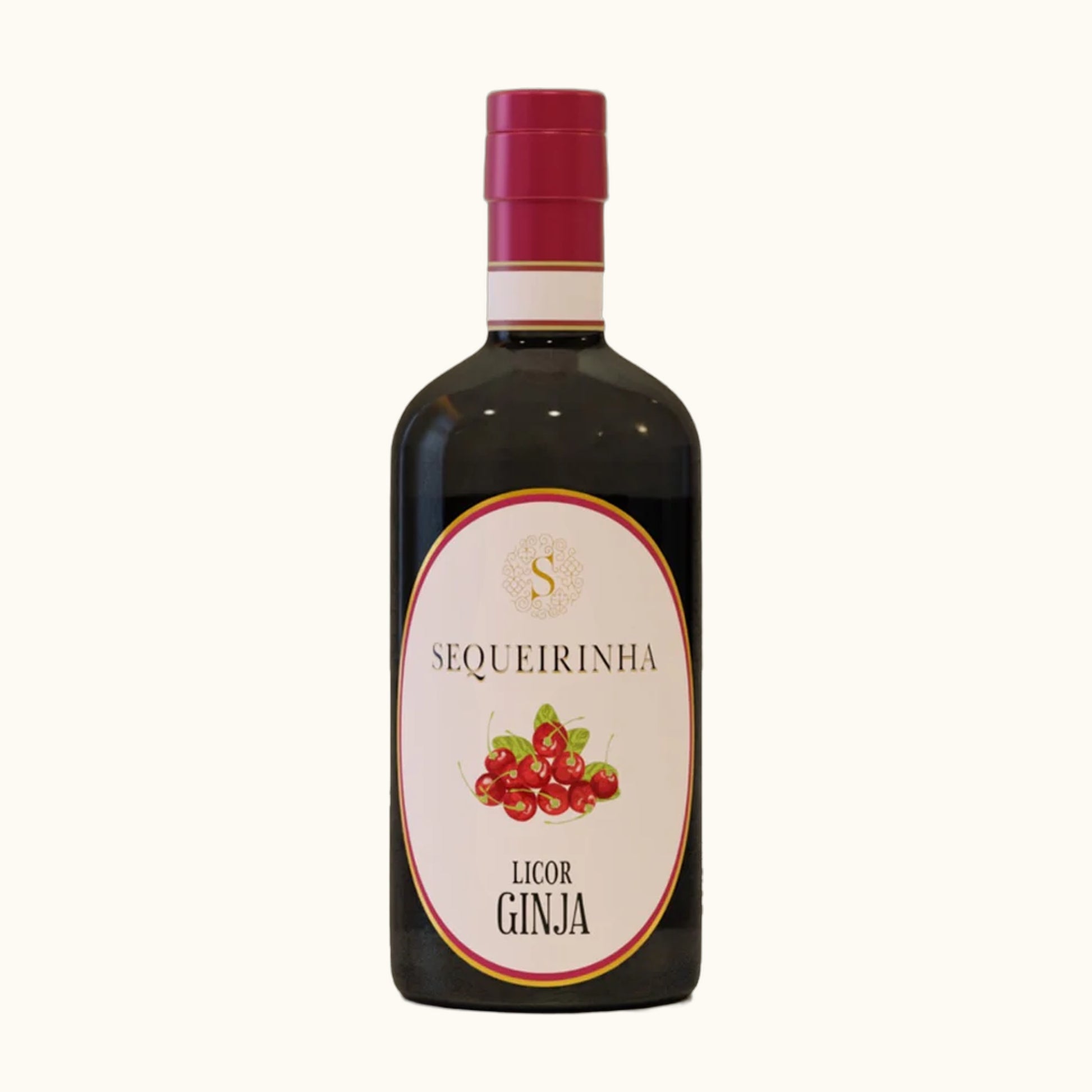 Sequeirinha Ginja - Flasche mit Etikett vor beigem Hintergrund