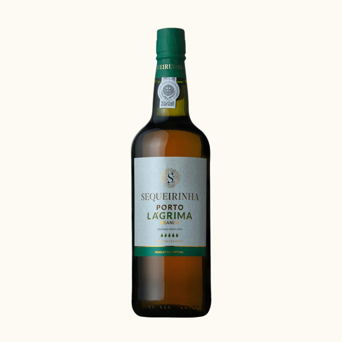 Sequeirinha Portwein Lagrima Weisser Portwein - Flasche mit Etikett vor beigem Hintergrund