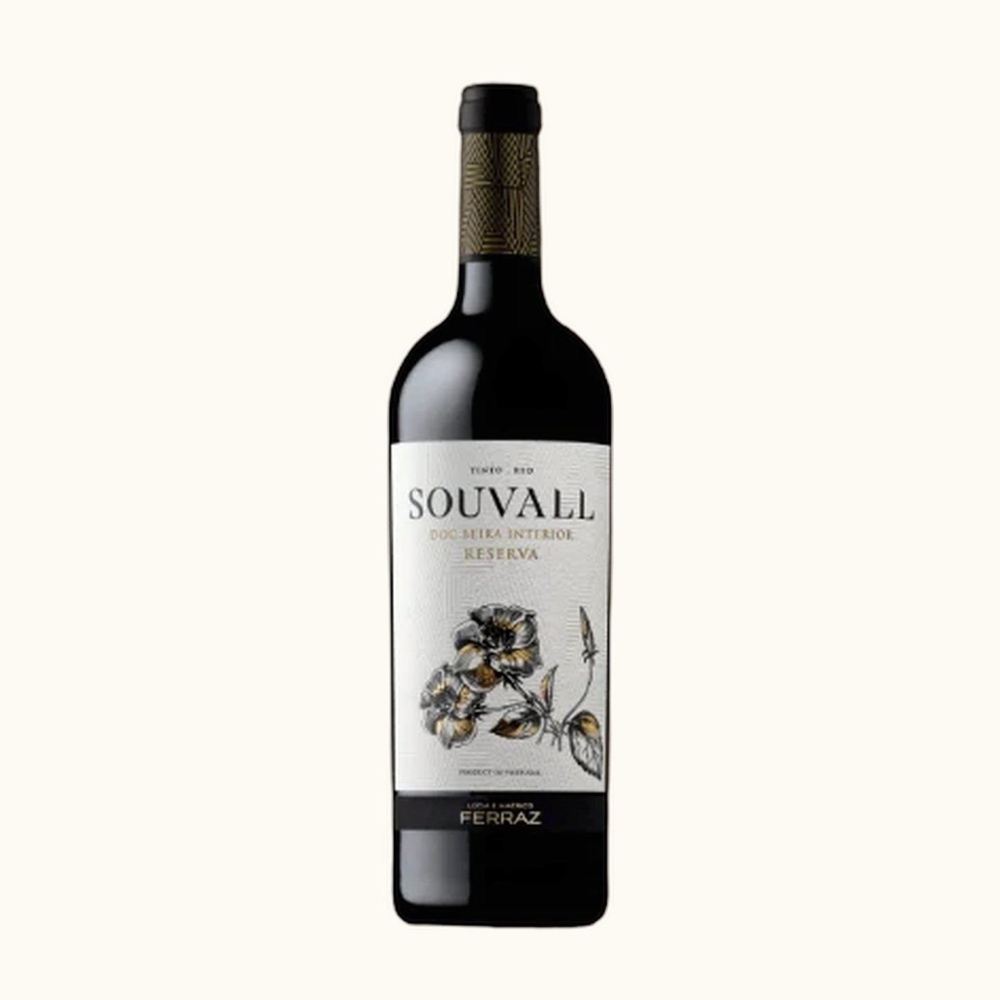 Souvall Rotwein Reserva 2020 - Flasche mit Etikett vor beigem Hintergrund