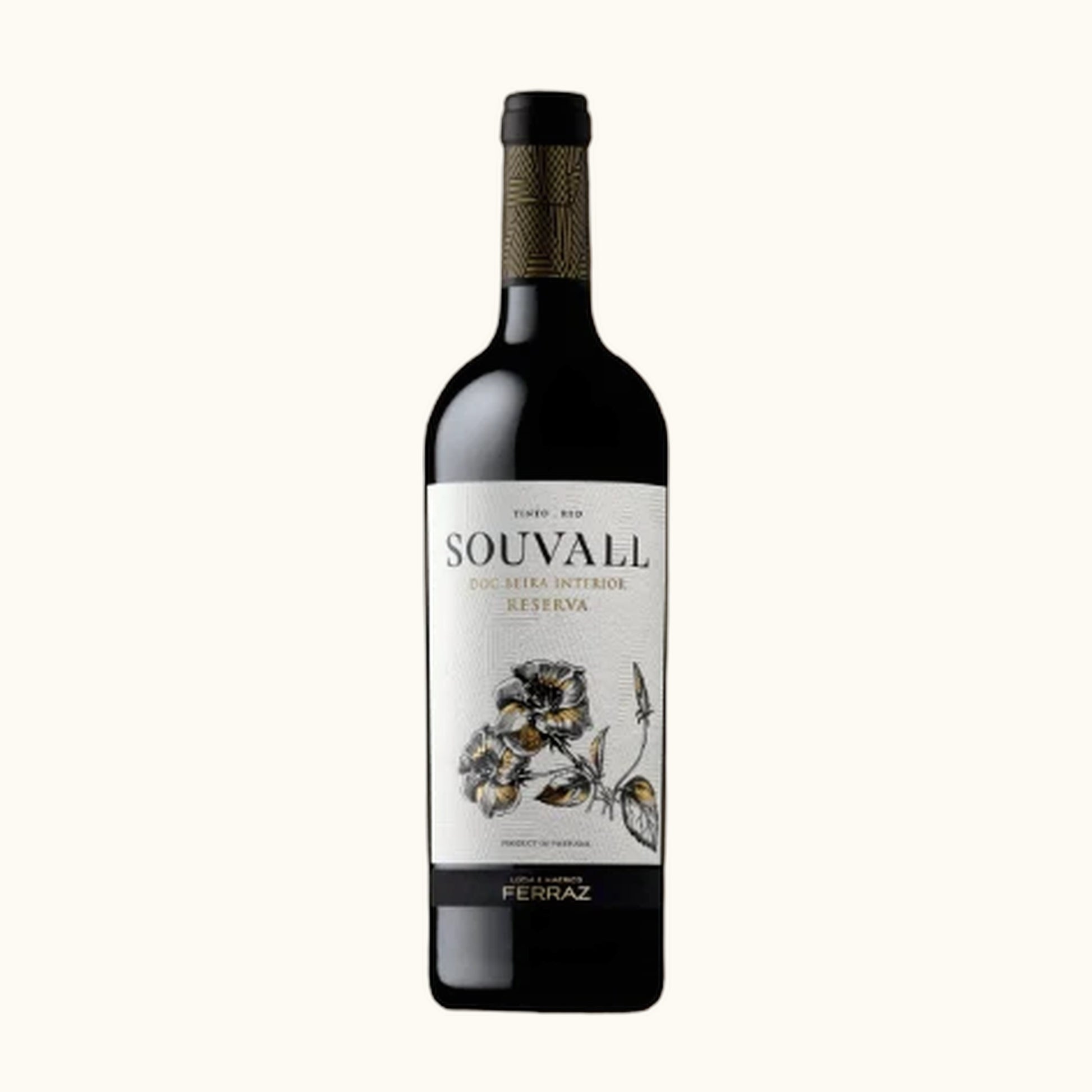 Souvall Rotwein Reserva 2020 - Flasche mit Etikett vor beigem Hintergrund