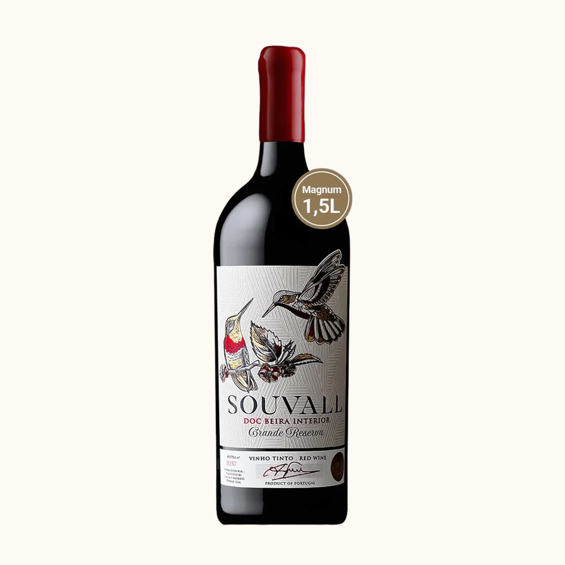 LA Ferraz Souvall Grande Reserva Rotwein Magnum - Flasche mit Etikett vor beigem Hintergrund