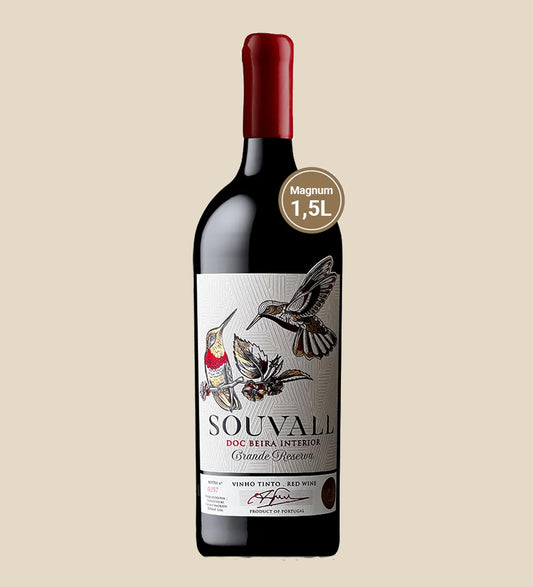 LA Ferraz Souvall Grande Reserva Rotwein Magnum - Flasche mit Etikett vor beigem Hintergrund