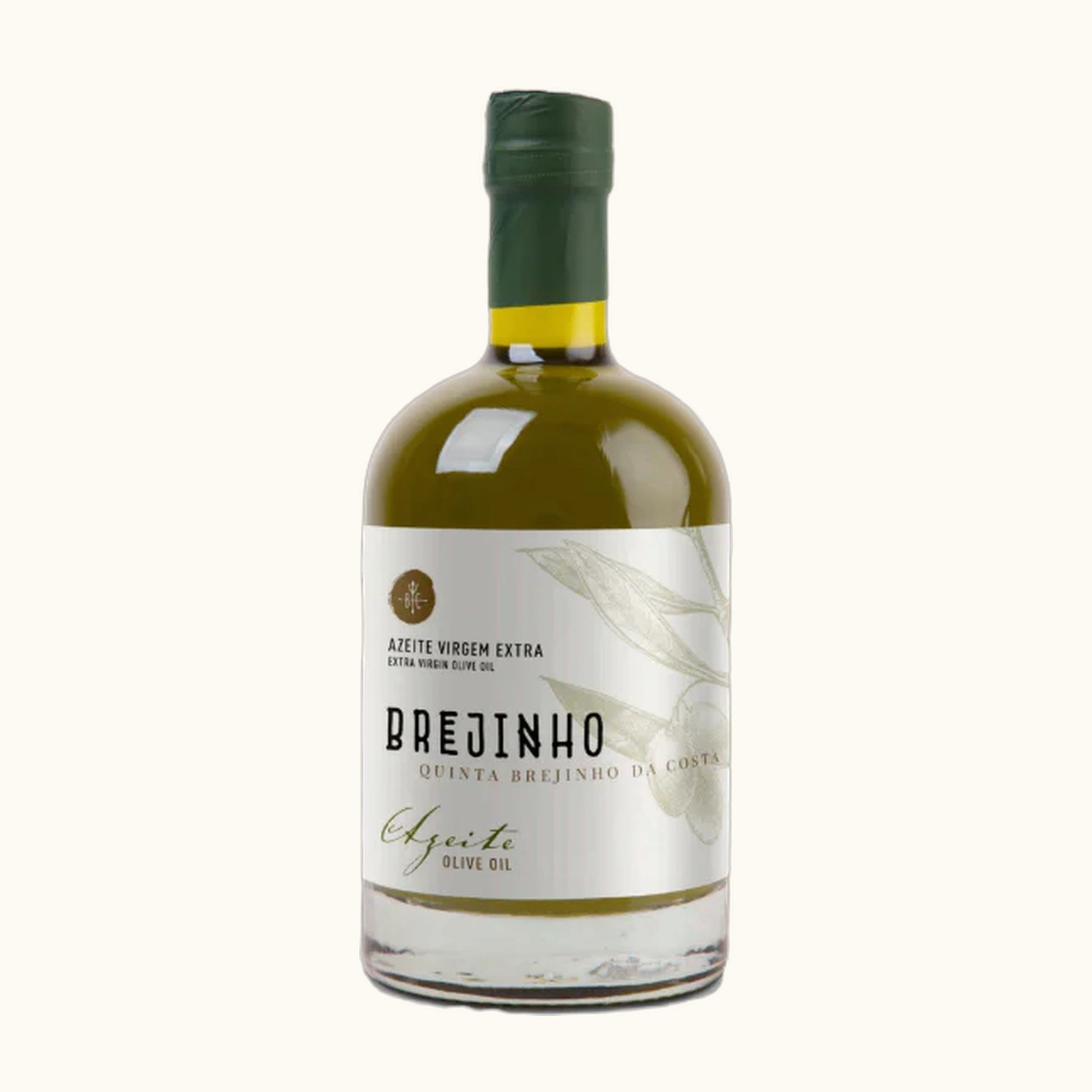 Brejinho Olivenöl - 200ml - Flasche mit Etikett vor beigem Hintergrund