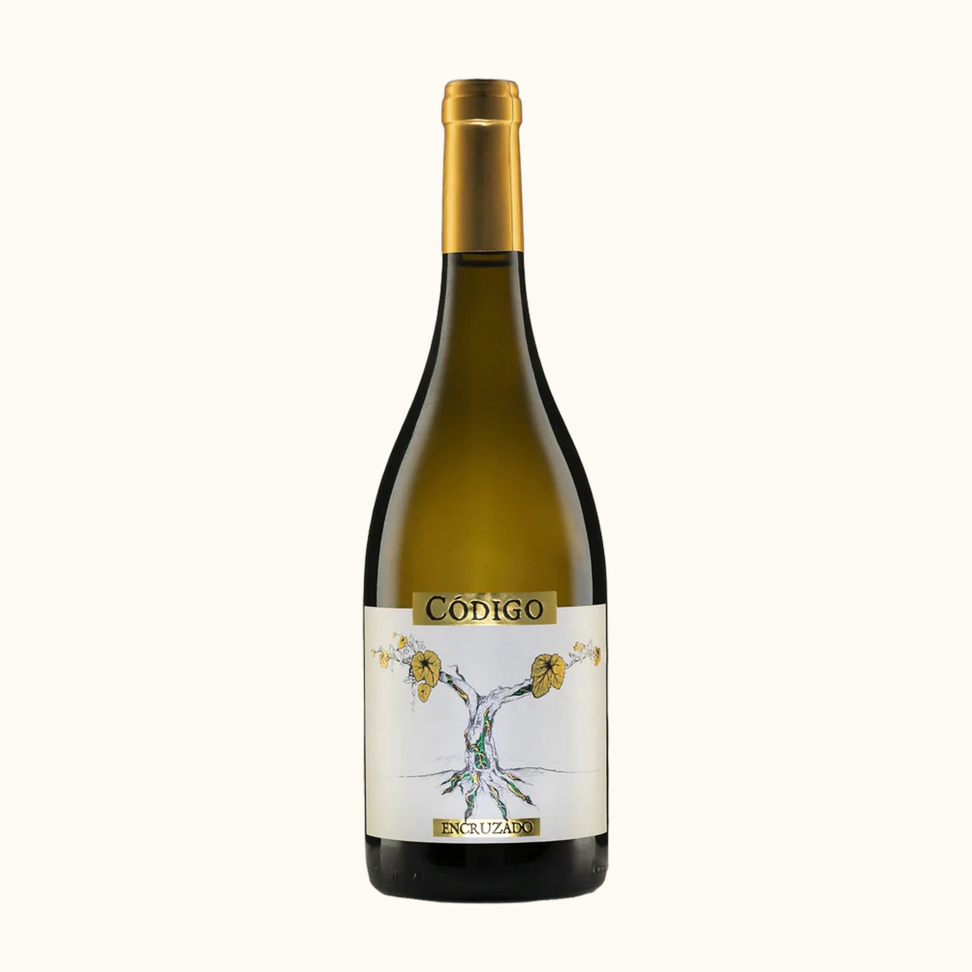 Codiog Encruzado Weisswein - Flasche mit Etikett vor beigem Hintergrund