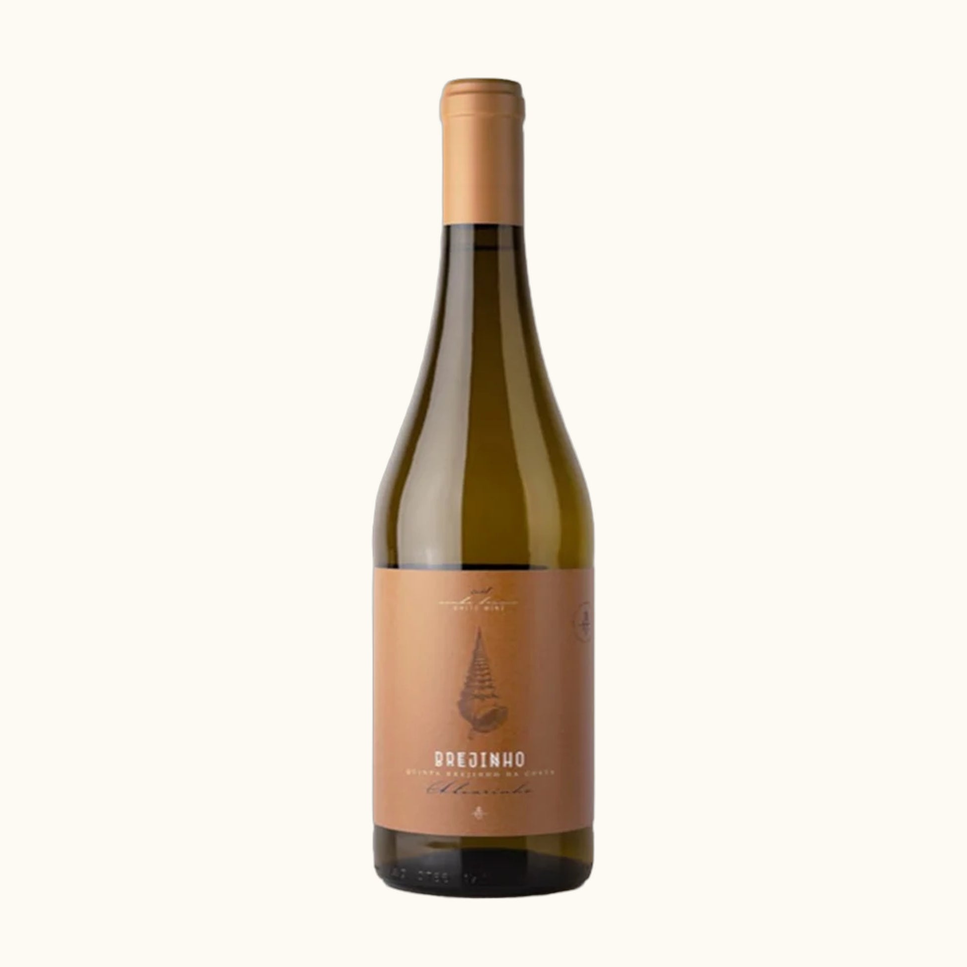 Brejinho Alvarinho 2023 Weisswein - Flasche mit Etikett vor beigem Hintergrund