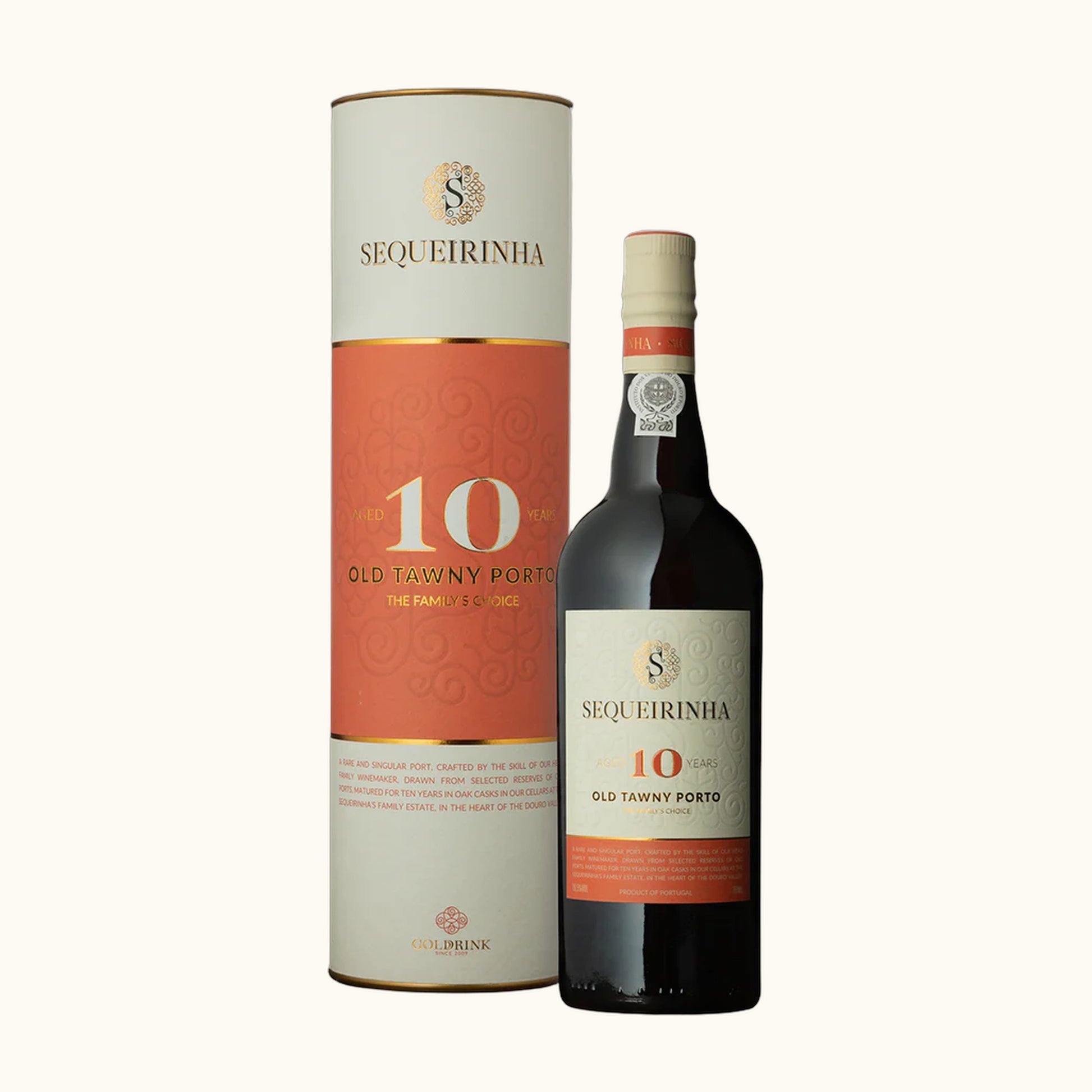 Sequeirinha Portwein Tawny 10 Jährig - Flasche mit Etikett vor weissem Hintergrund und edler Kartonverpackung